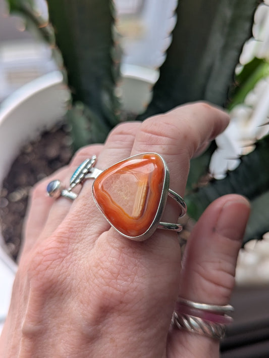 Orange Agate Triangle Silver Ring - Size 8