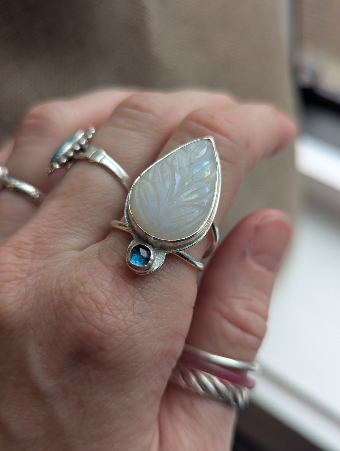 Carved Moonstone and Kyanite Silver Ring - Size 8