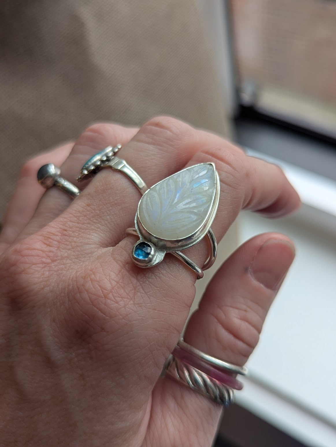 Carved Moonstone and Kyanite Silver Ring - Size 8