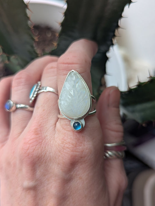 Carved Moonstone and Kyanite Silver Ring - Size 8