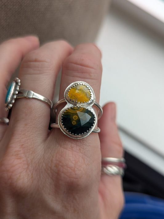 Ocean Jasper and Bumblebee Jasper Duo Silver Ring - Size 9.5