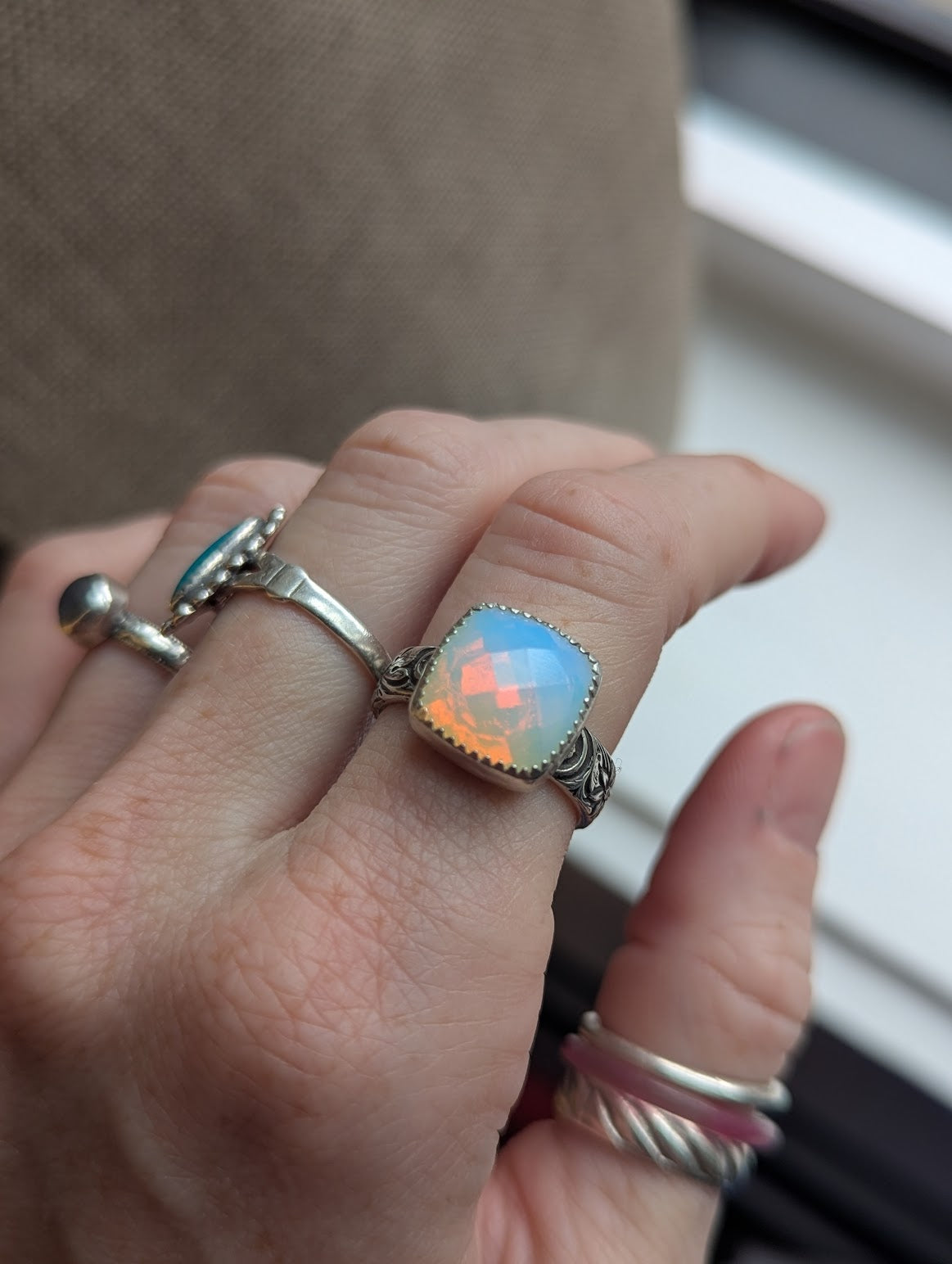 Faceted Opalite Cushion Cut Silver Ring - Size 7