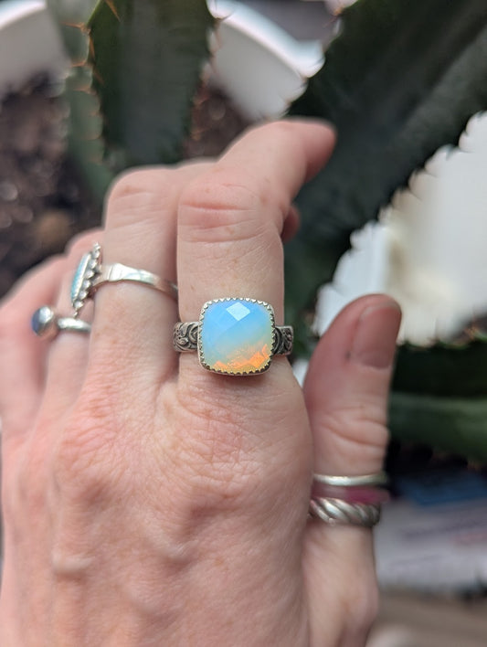 Faceted Opalite Cushion Cut Silver Ring - Size 7