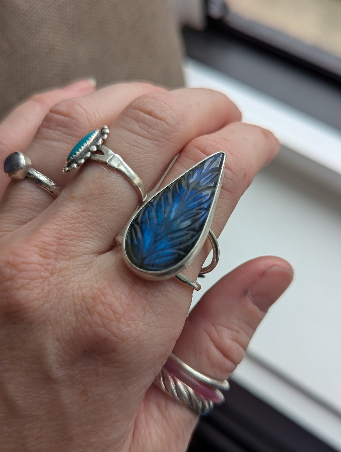 Carved Blue Labradorite Teardrop Silver Ring - Size 11