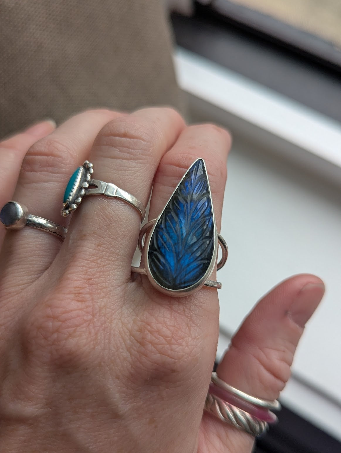 Carved Blue Labradorite Teardrop Silver Ring - Size 11