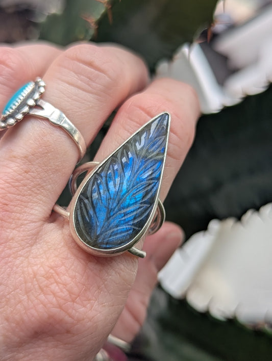 Carved Blue Labradorite Teardrop Silver Ring - Size 11