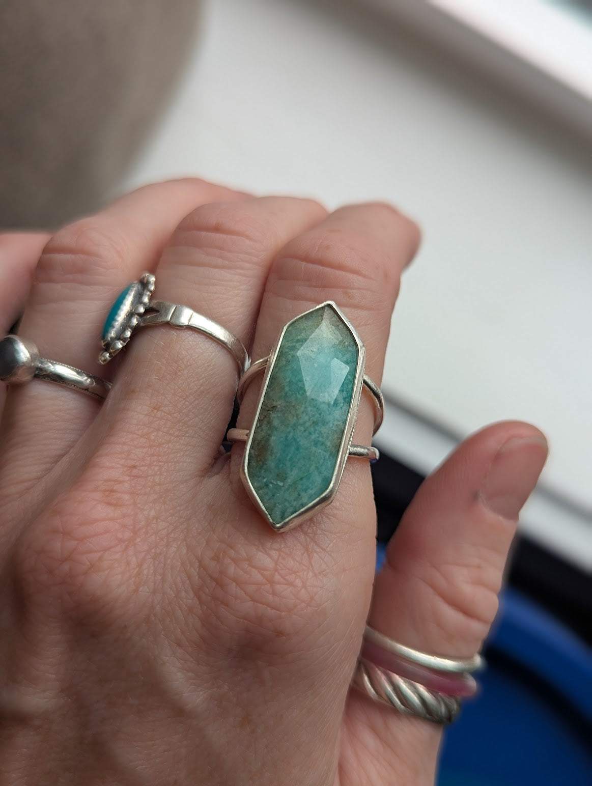 Amazonite Diamond Silver Ring - Size 8