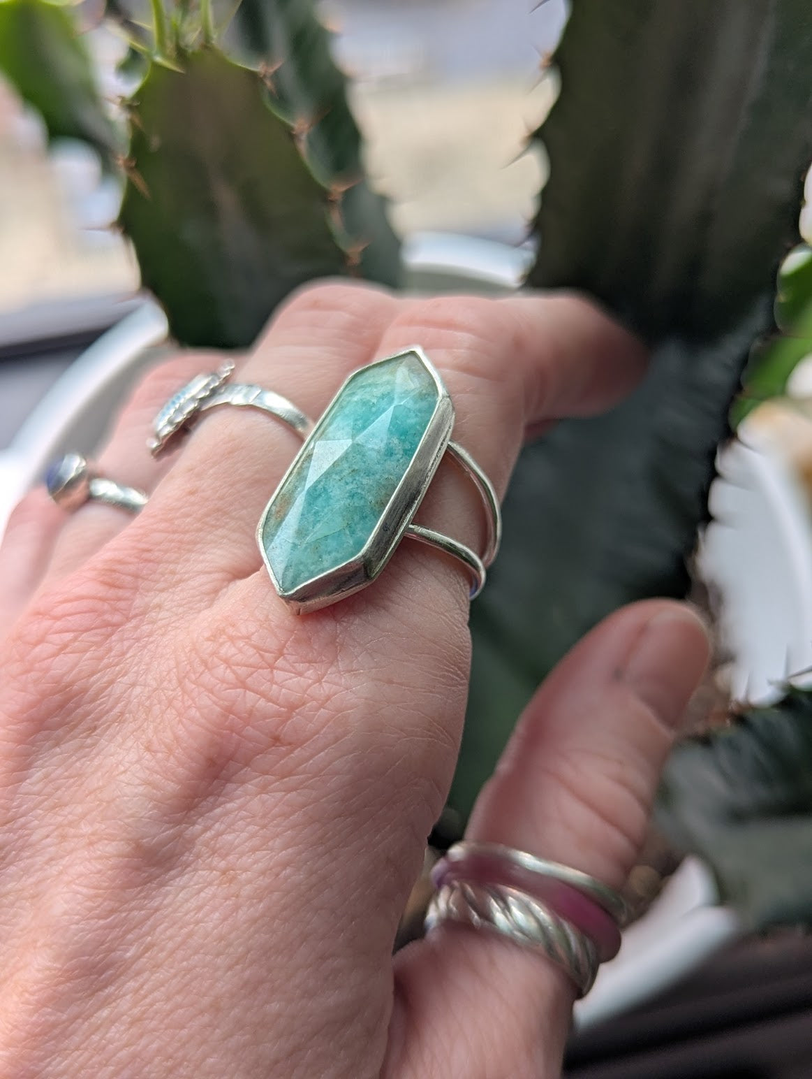 Amazonite Diamond Silver Ring - Size 8
