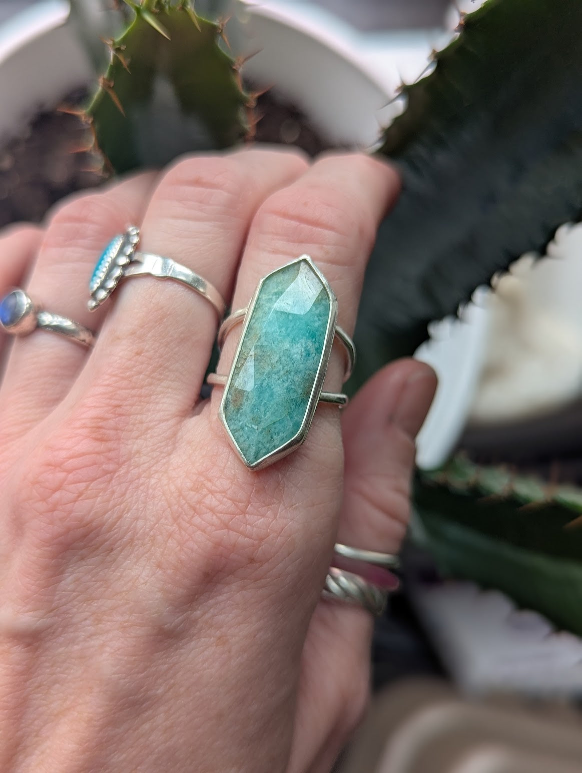 Amazonite Diamond Silver Ring - Size 8