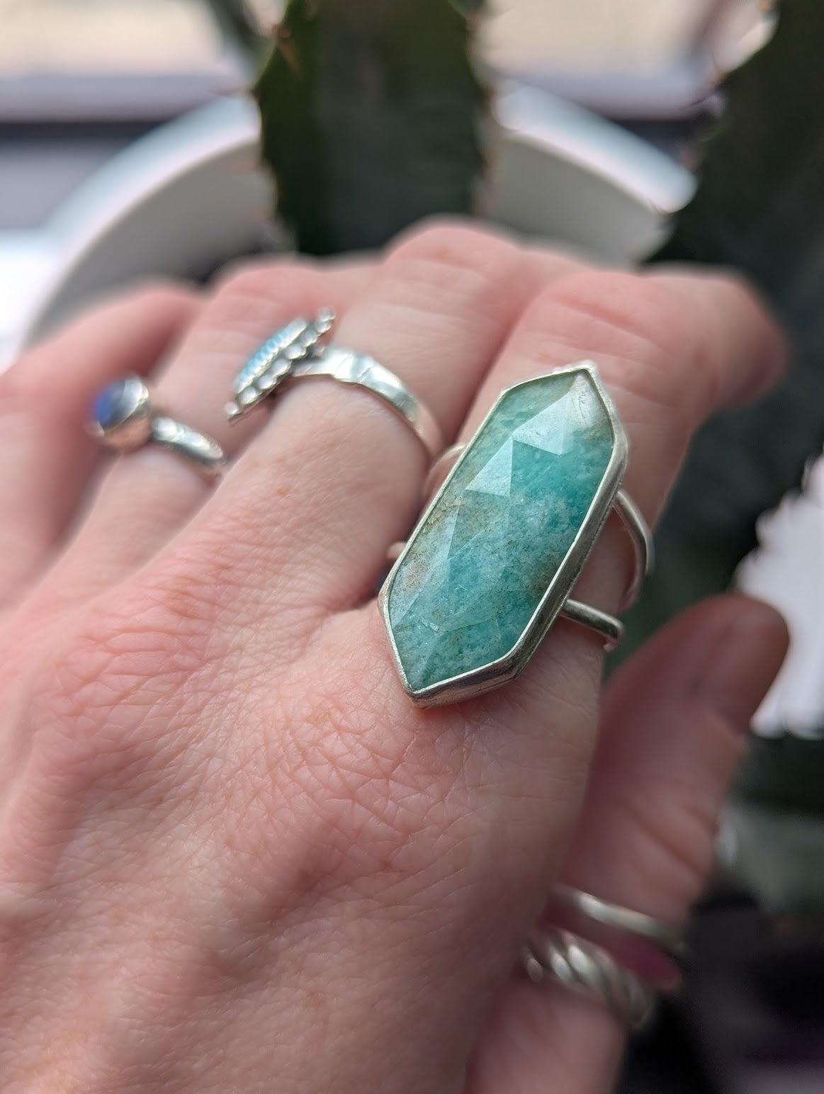 Amazonite Diamond Silver Ring - Size 8