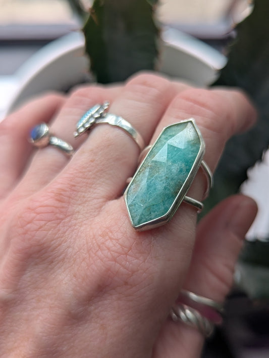 Amazonite Diamond Silver Ring - Size 8