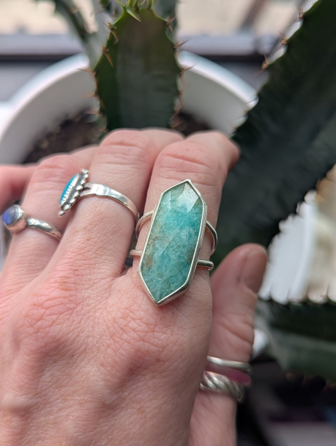 Amazonite Diamond Silver Ring - Size 8