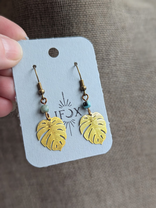 Monstera Leaf Amazonite Brass Earrings