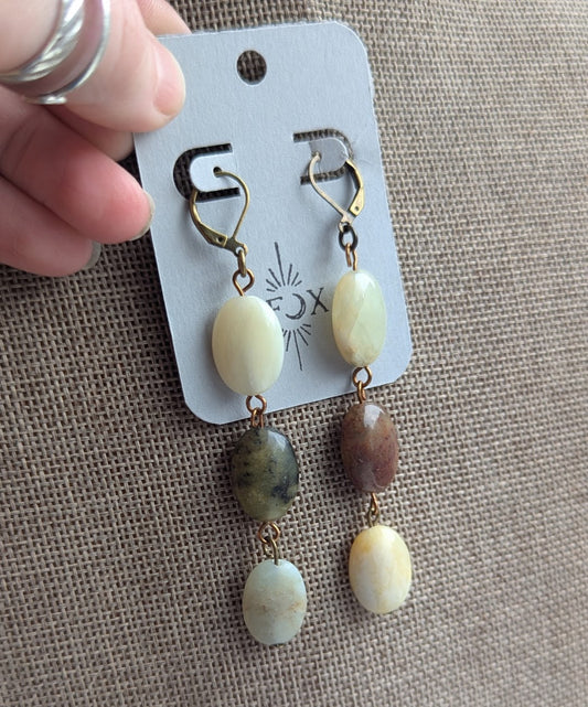 Amazonite Oval Trio Brass Hoop Earrings (Various Options Available)