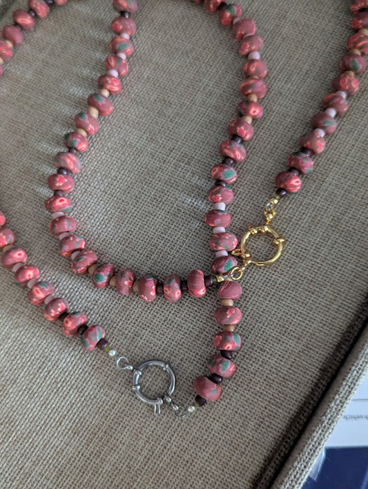 Red Floral Polymer Clay Rondelle Beaded Necklace (Silver and Gold Available)