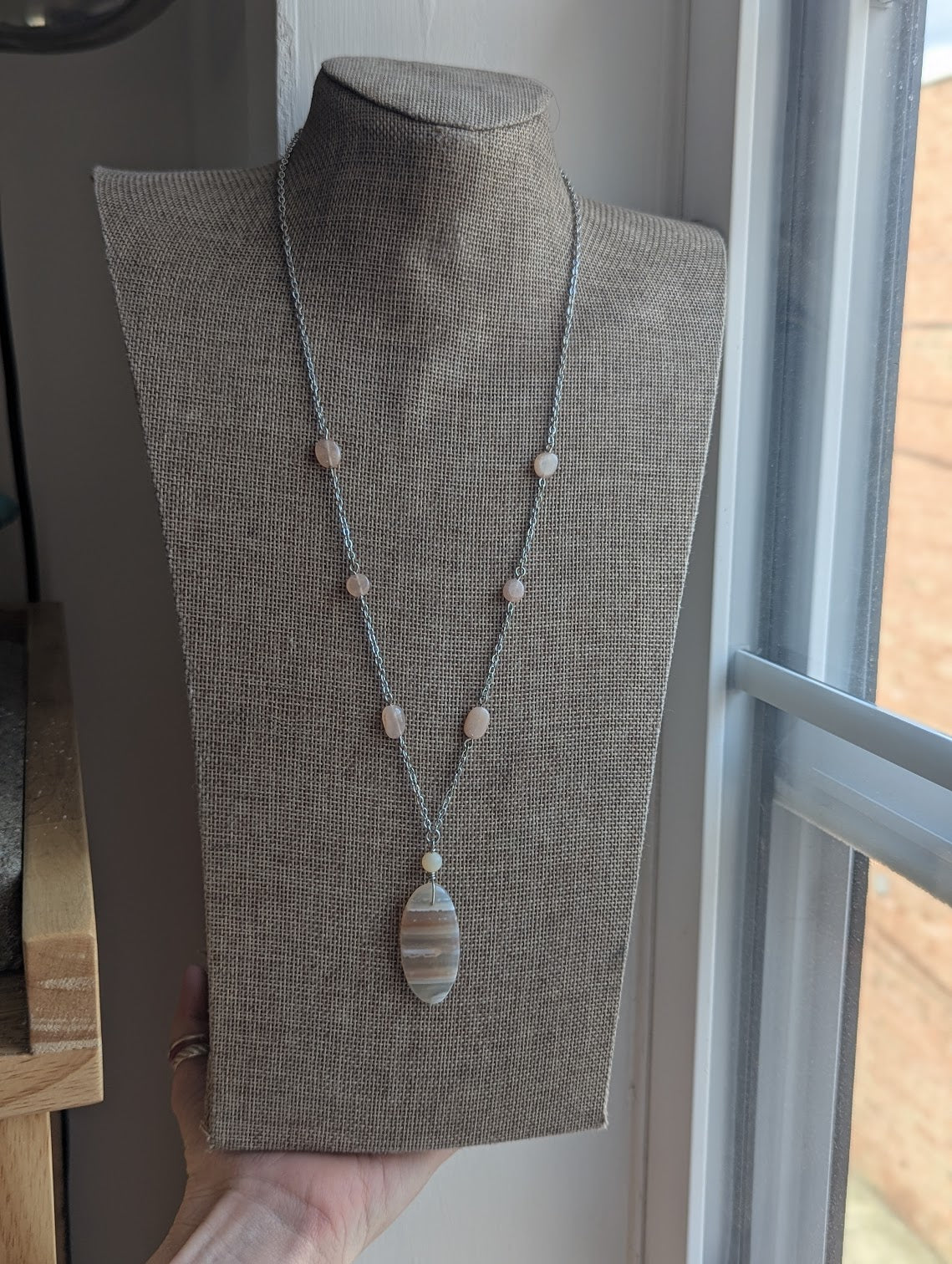Pink Botswana Agate and Peach Moonstone Silver Stainless Necklace