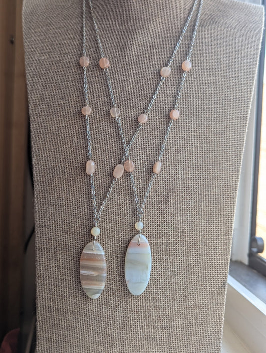 Pink Botswana Agate and Peach Moonstone Silver Stainless Necklace