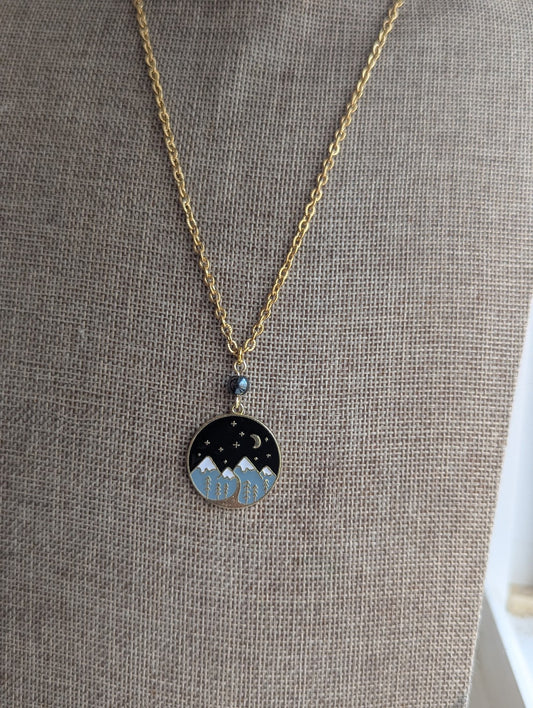 Colorful Enamel Mountainscape Gold Stainless Necklace