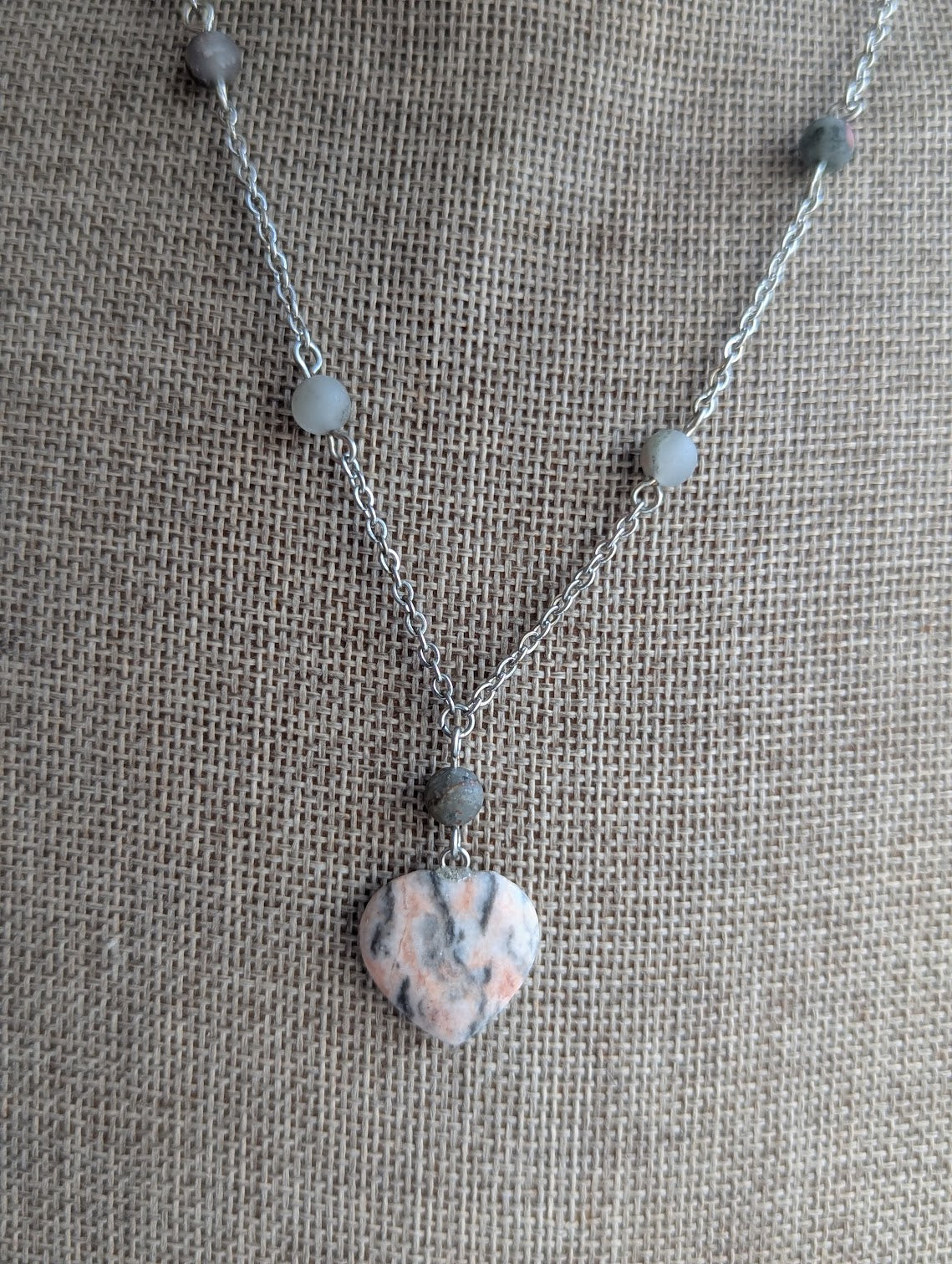 Pink Zebra Jasper Heart and Bloodstone Silver Necklace