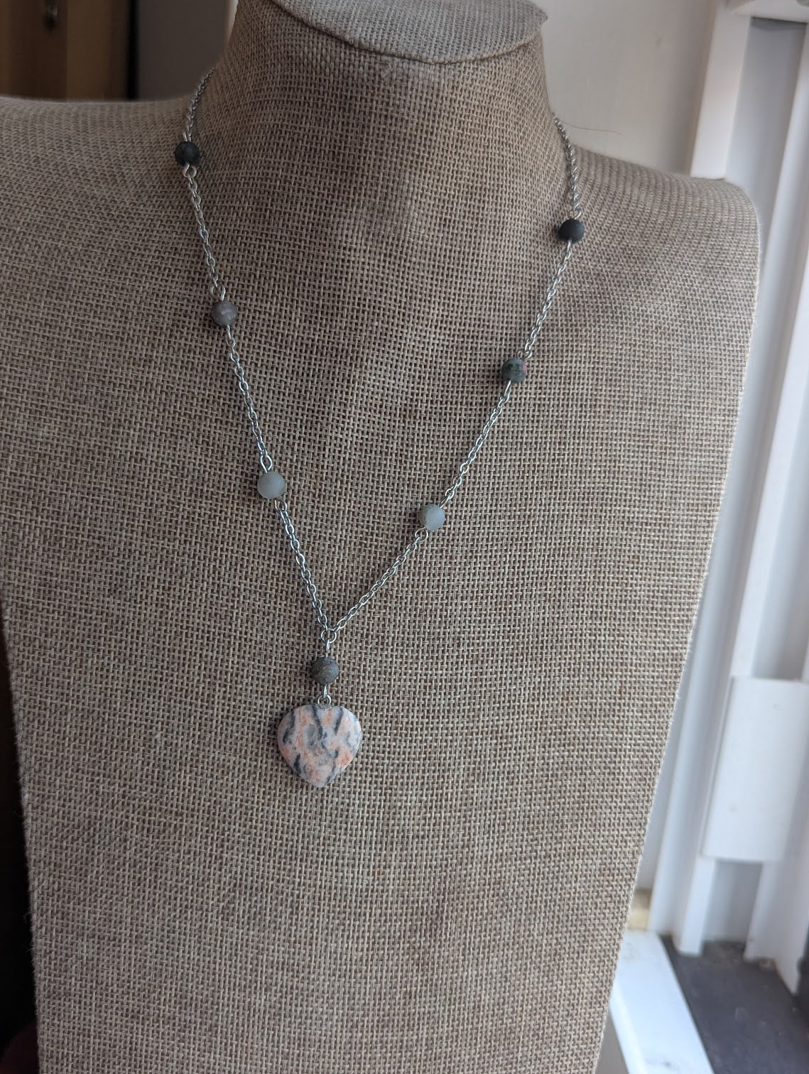 Pink Zebra Jasper Heart and Bloodstone Silver Necklace