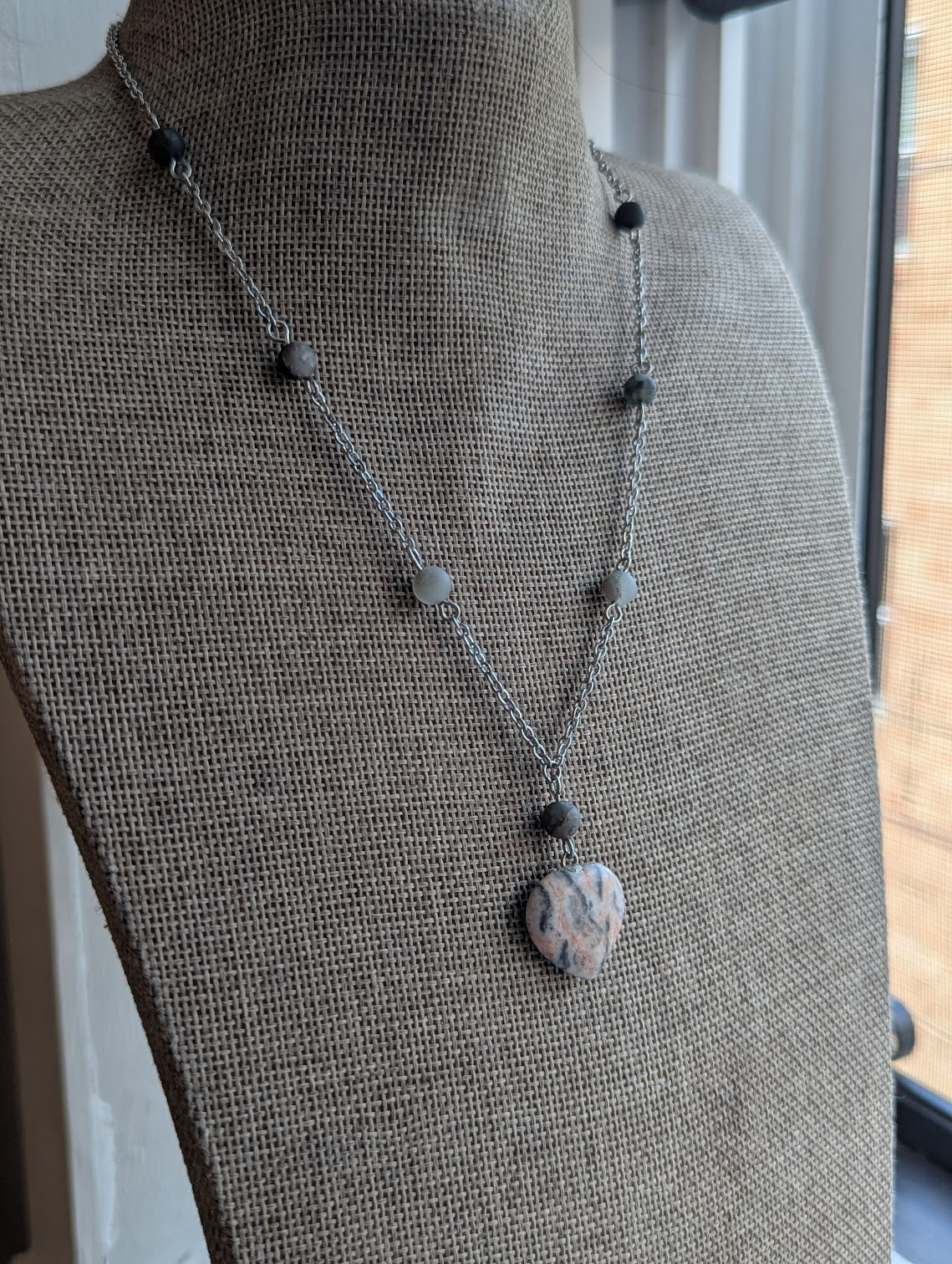 Pink Zebra Jasper Heart and Bloodstone Silver Necklace