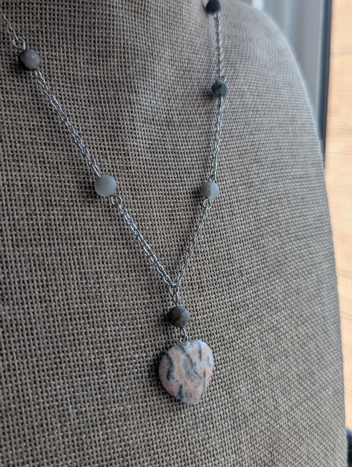 Pink Zebra Jasper Heart and Bloodstone Silver Necklace