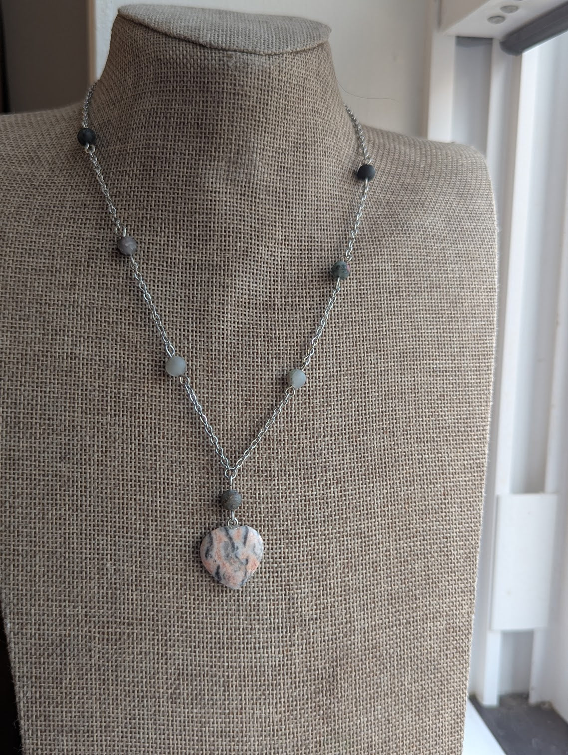 Pink Zebra Jasper Heart and Bloodstone Silver Necklace