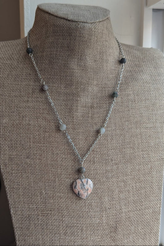 Pink Zebra Jasper Heart and Bloodstone Silver Necklace
