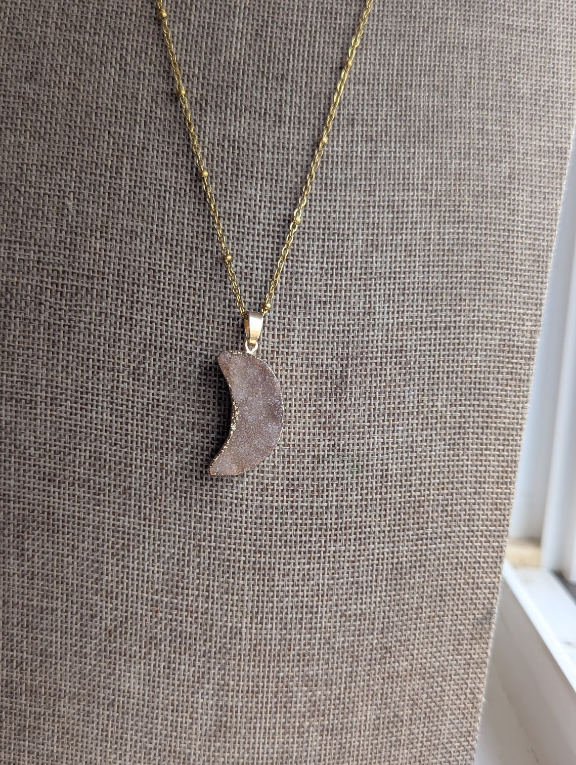 Pink Druzy Crescent Moon Gold Satellite Necklace
