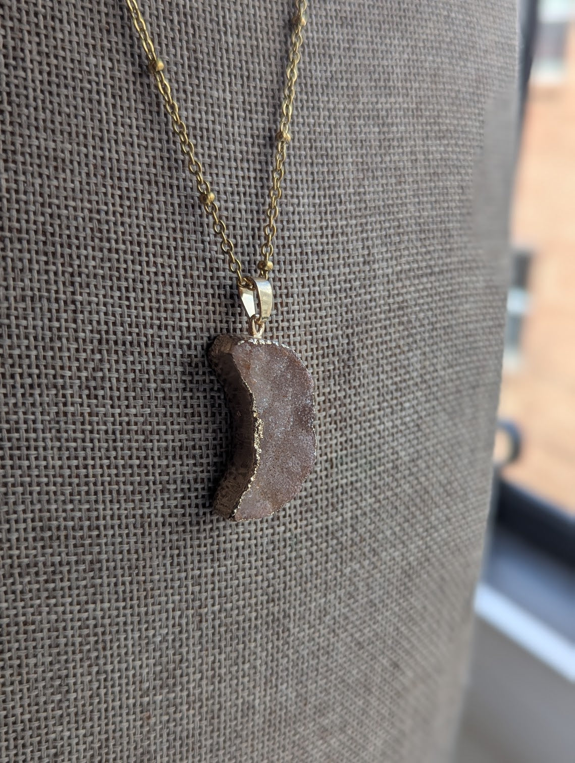 Pink Druzy Crescent Moon Gold Satellite Necklace