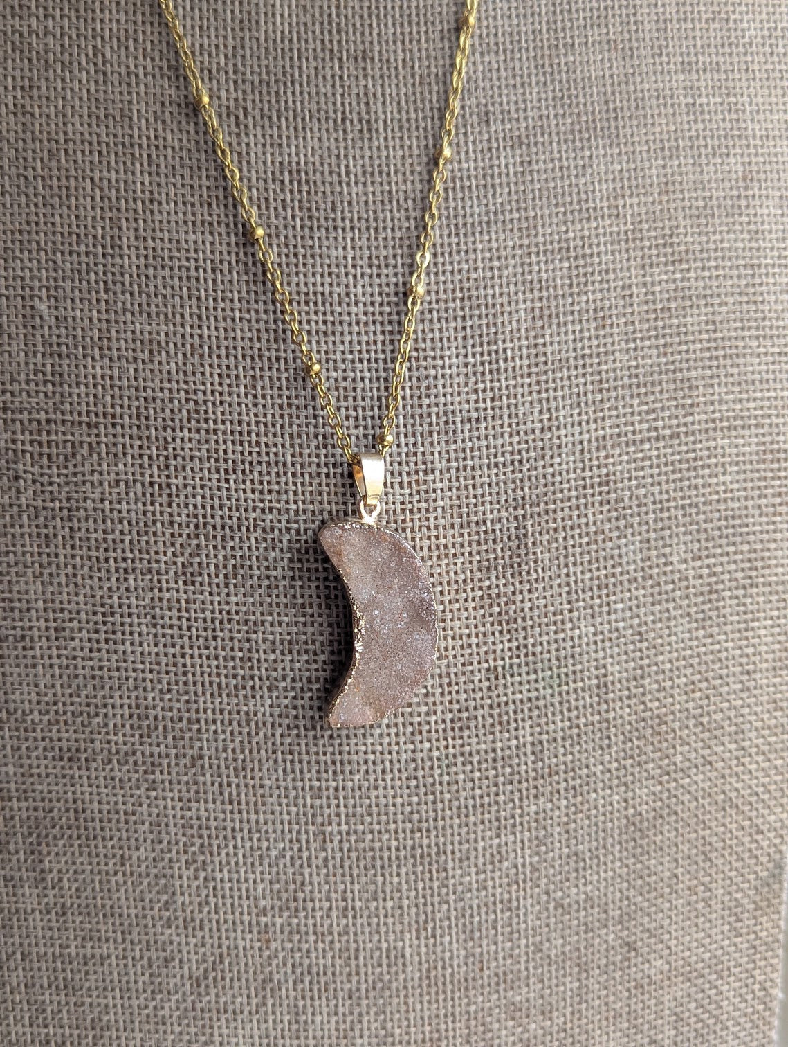 Pink Druzy Crescent Moon Gold Satellite Necklace