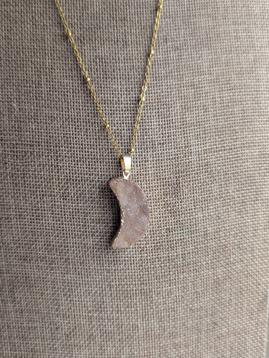 Pink Druzy Crescent Moon Gold Satellite Necklace
