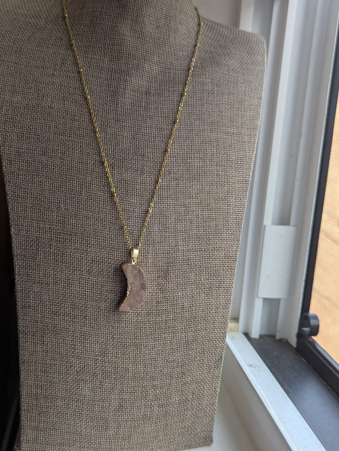 Pink Druzy Crescent Moon Gold Satellite Necklace