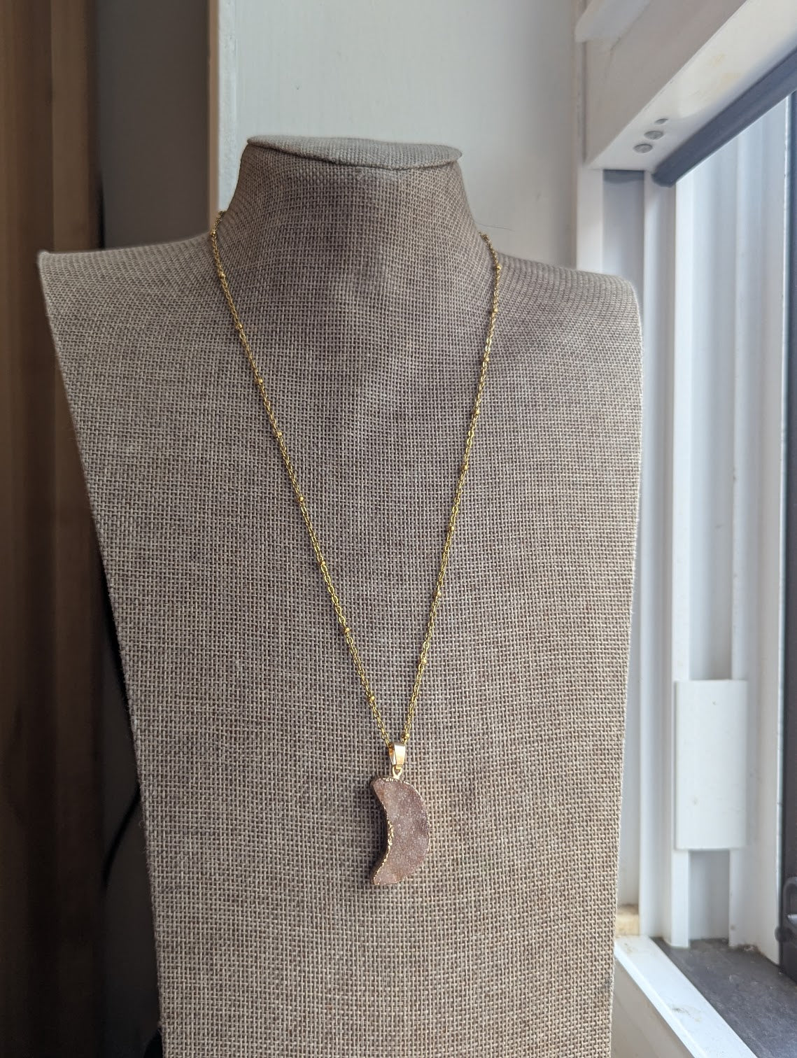 Pink Druzy Crescent Moon Gold Satellite Necklace
