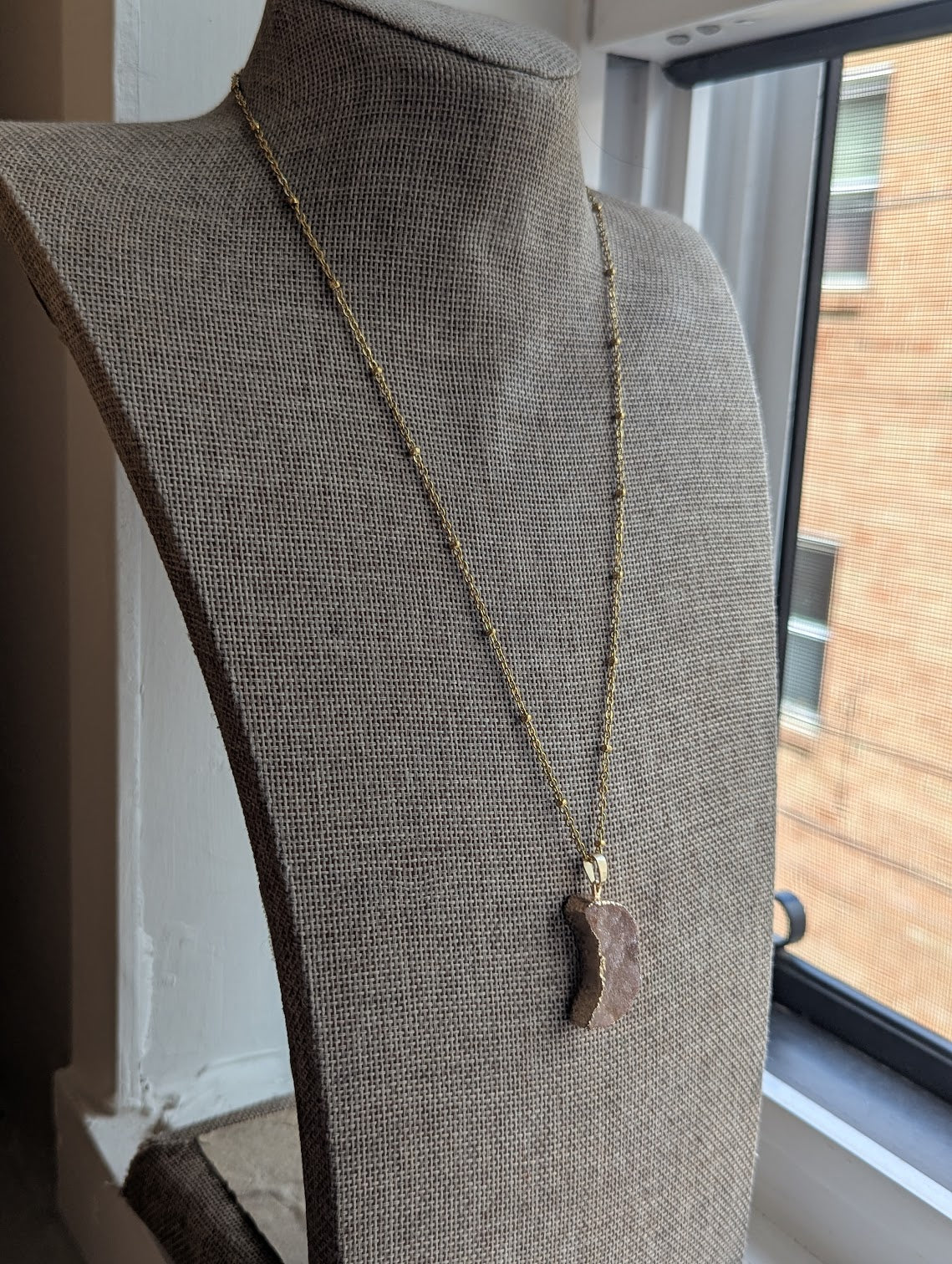 Pink Druzy Crescent Moon Gold Satellite Necklace