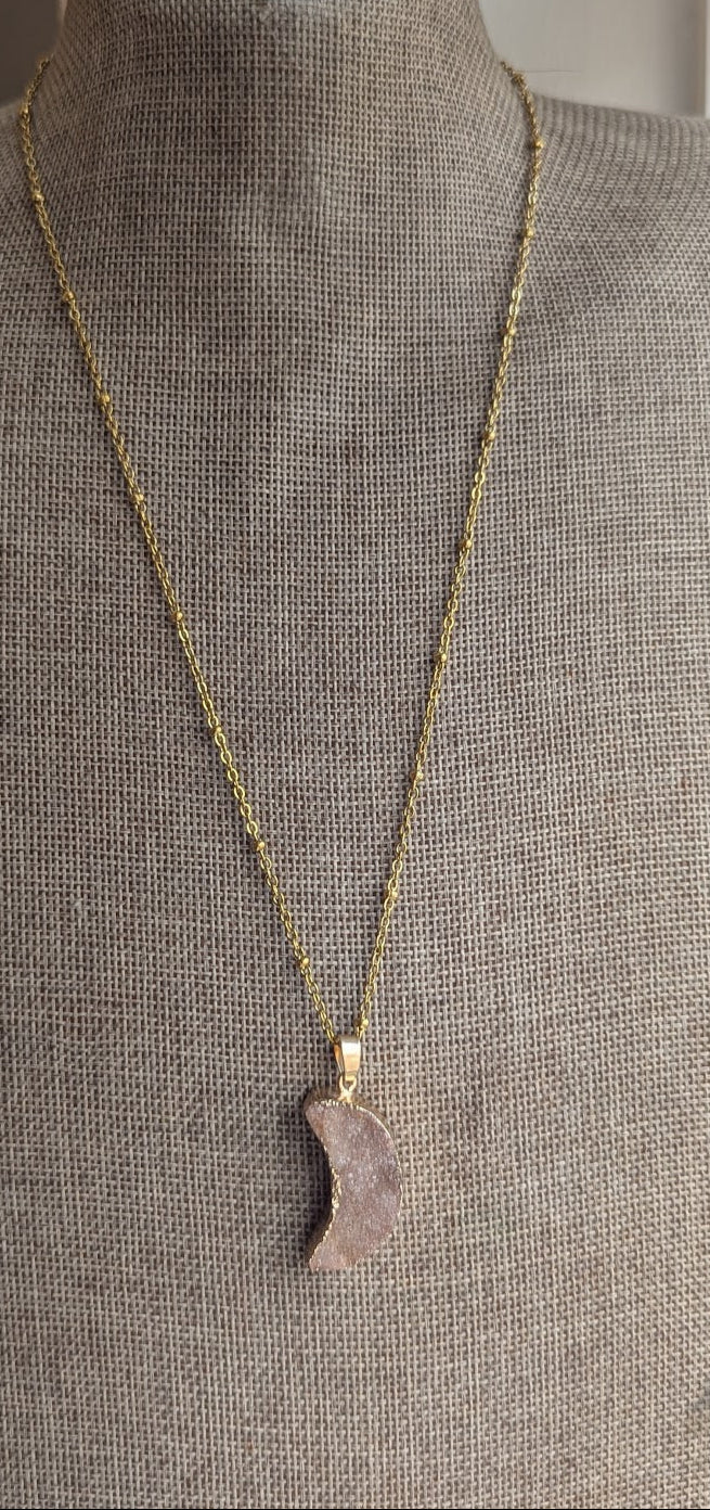 Pink Druzy Crescent Moon Gold Satellite Necklace