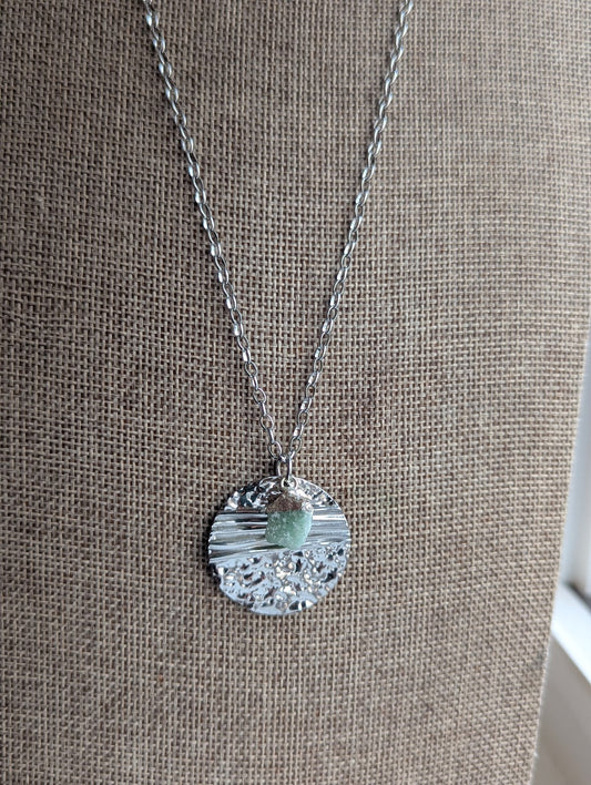Silver Round Textured Raw Green Aventurine Silver Necklace
