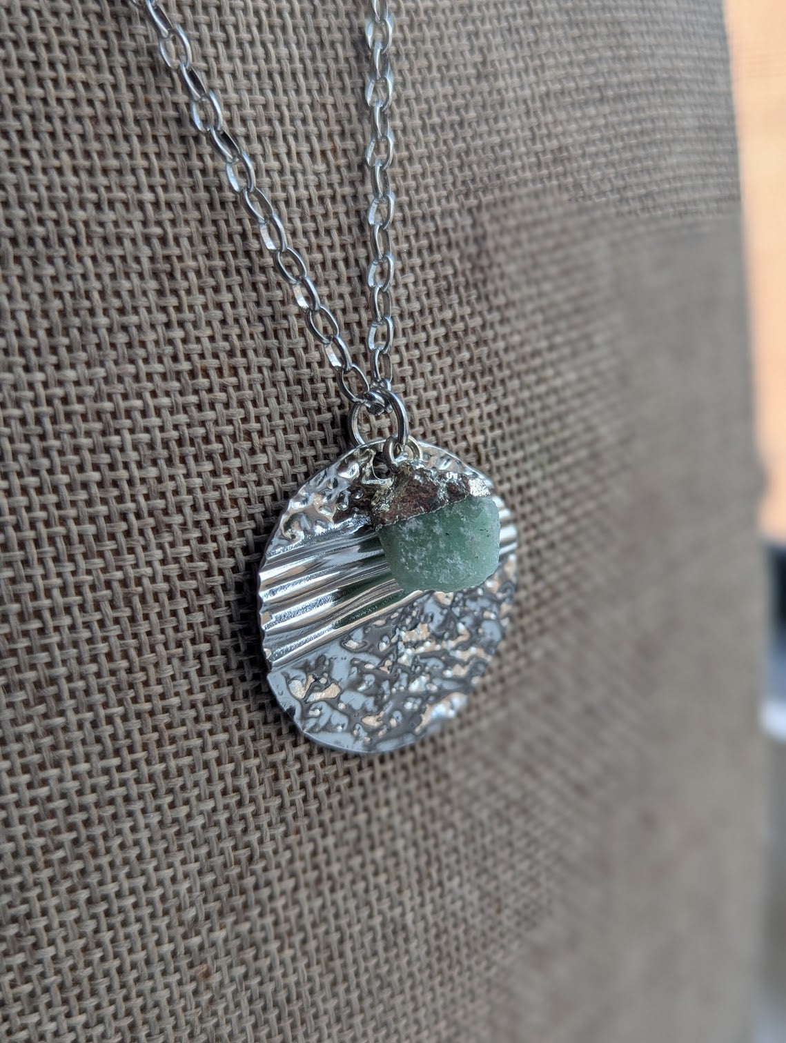 Silver Round Textured Raw Green Aventurine Silver Necklace