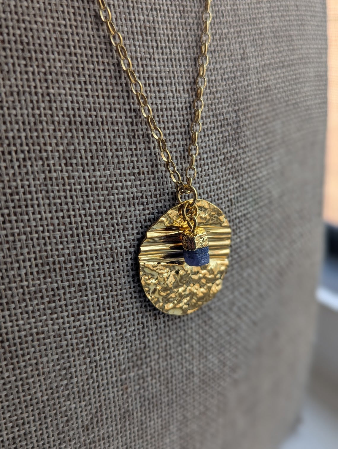 Gold Round Textured Raw Blue Kyanite Gold Necklace