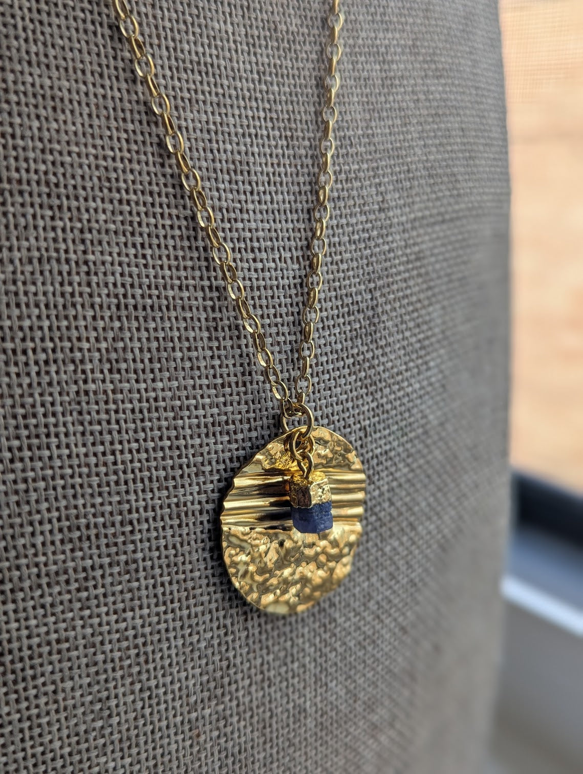 Gold Round Textured Raw Blue Kyanite Gold Necklace