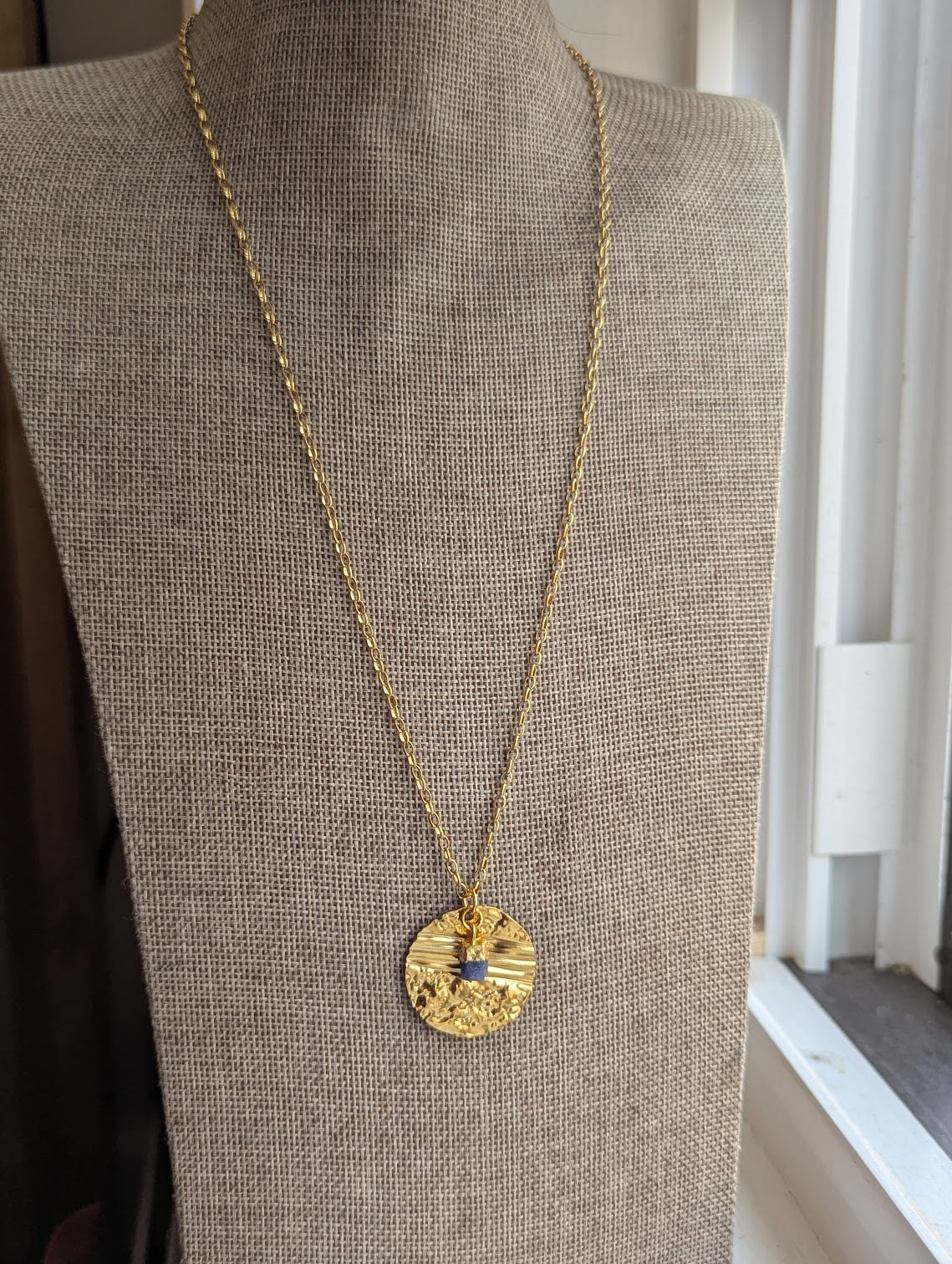 Gold Round Textured Raw Blue Kyanite Gold Necklace