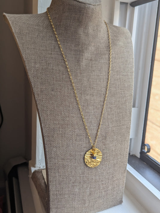Gold Round Textured Raw Blue Kyanite Gold Necklace