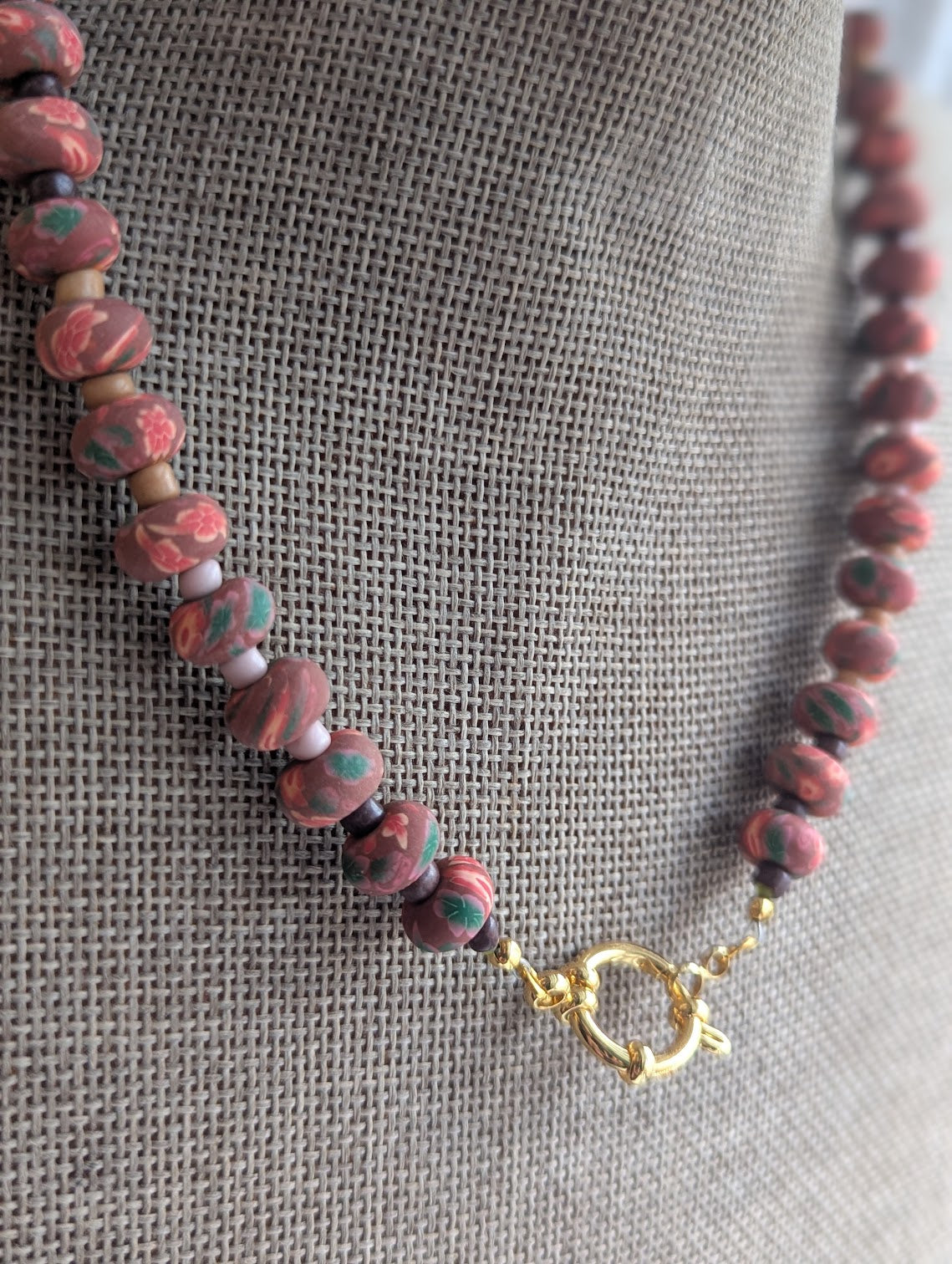 Red Floral Polymer Clay Rondelle Beaded Necklace (Silver and Gold Available)