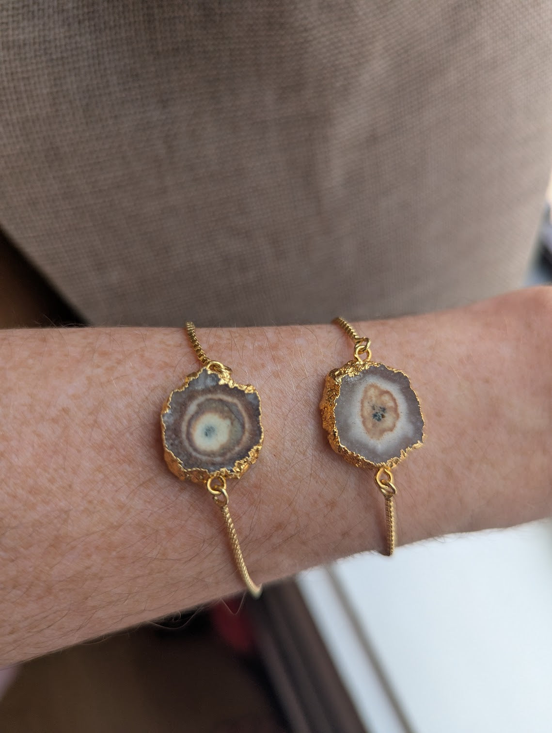 Brown Agate Slice Gold Slider Bracelet (Various Options Available)