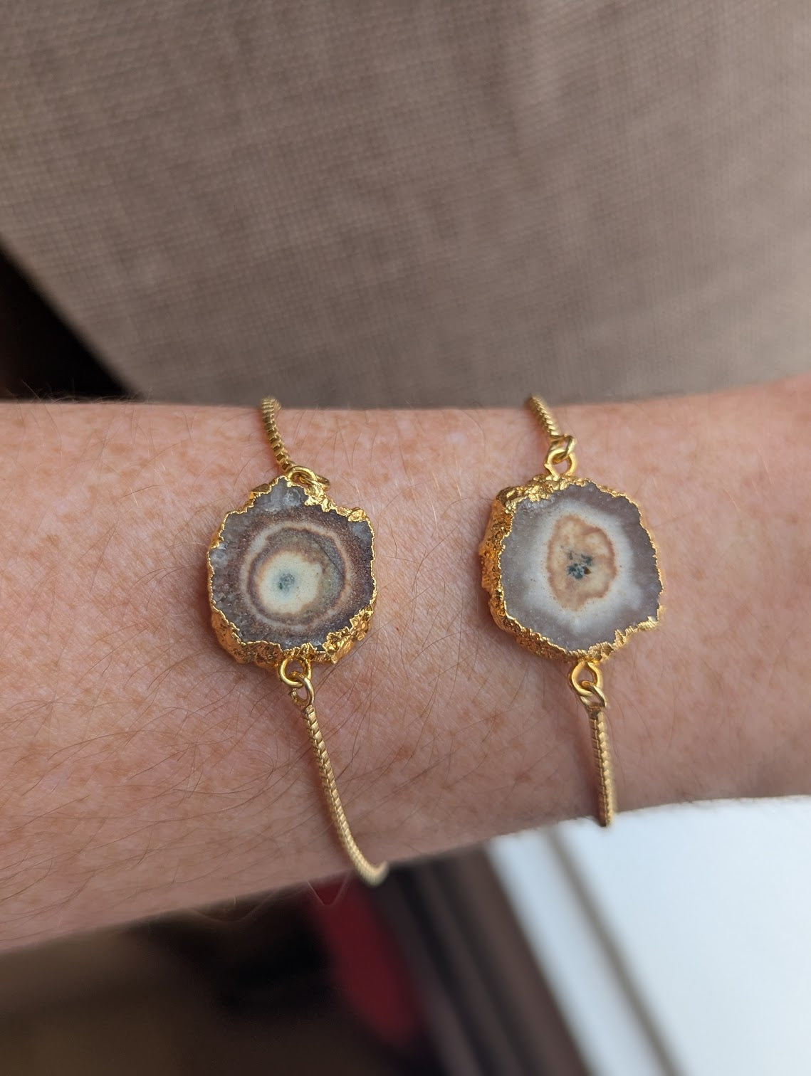 Brown Agate Slice Gold Slider Bracelet (Various Options Available)