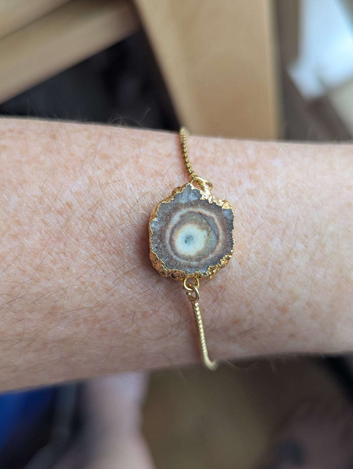 Brown Agate Slice Gold Slider Bracelet (Various Options Available)