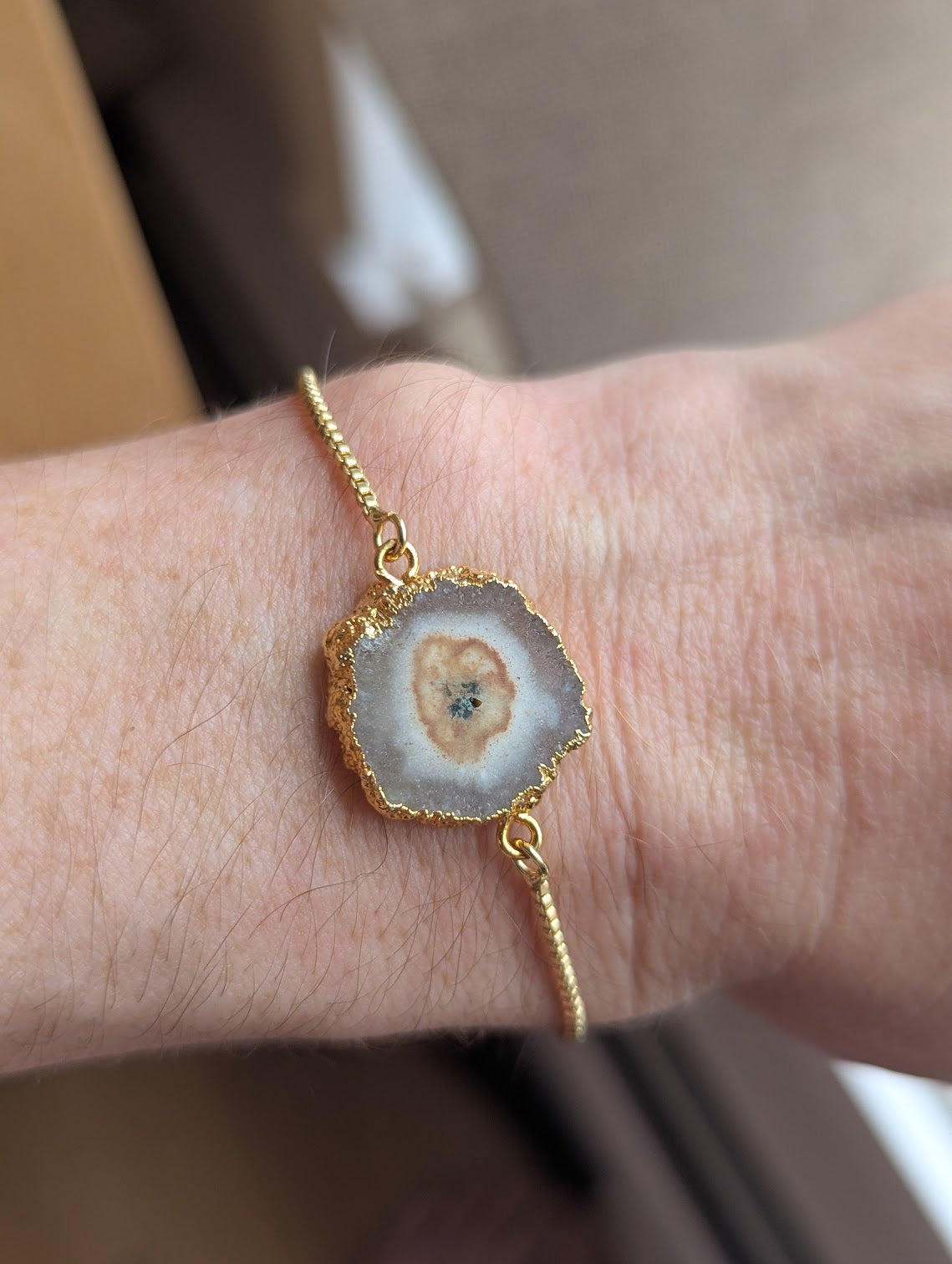 Brown Agate Slice Gold Slider Bracelet (Various Options Available)
