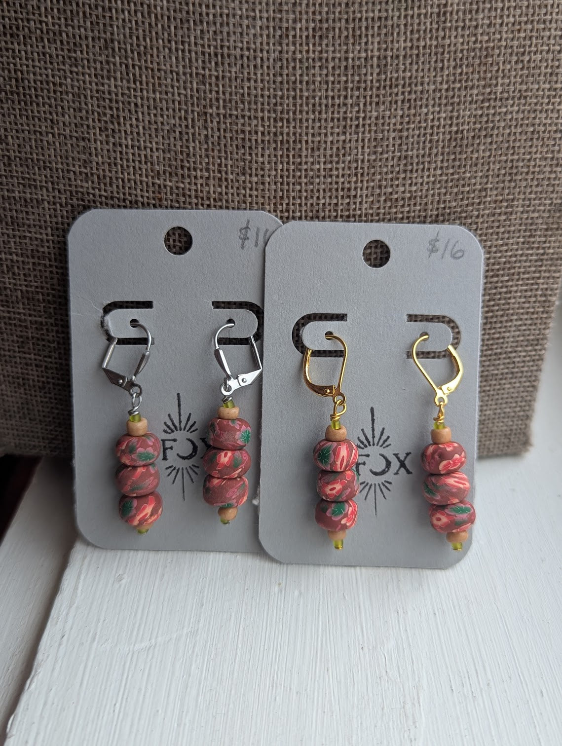 Red Floral Polymer Clay Hoops (Silver or Gold)