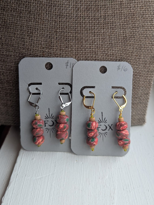 Red Floral Polymer Clay Hoops (Silver or Gold)