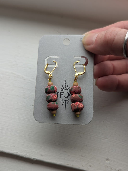 Red Floral Polymer Clay Gold Hoops